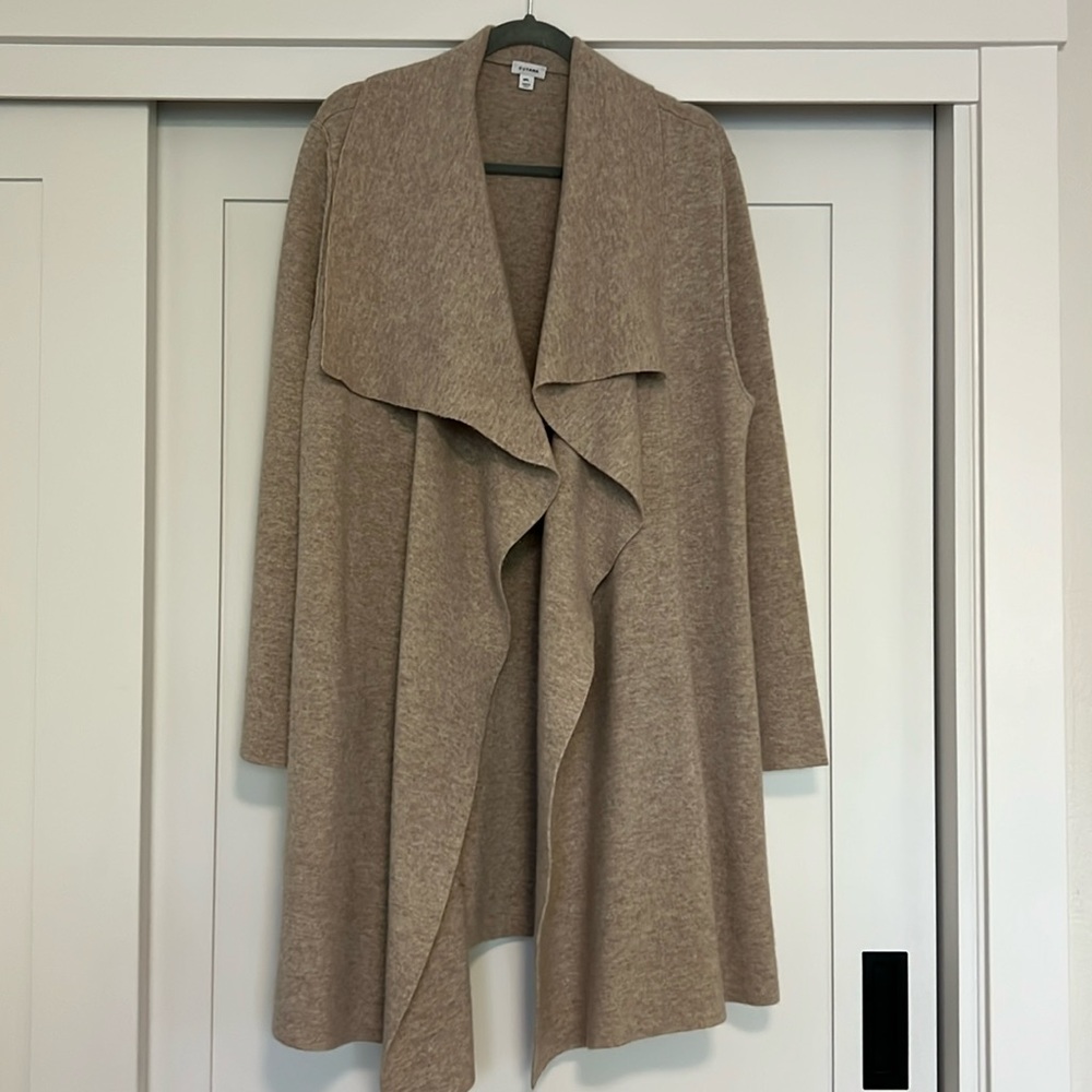 Cuyana, wool & cashmere wrap sweater with pockets in oatmeal, size M/L.